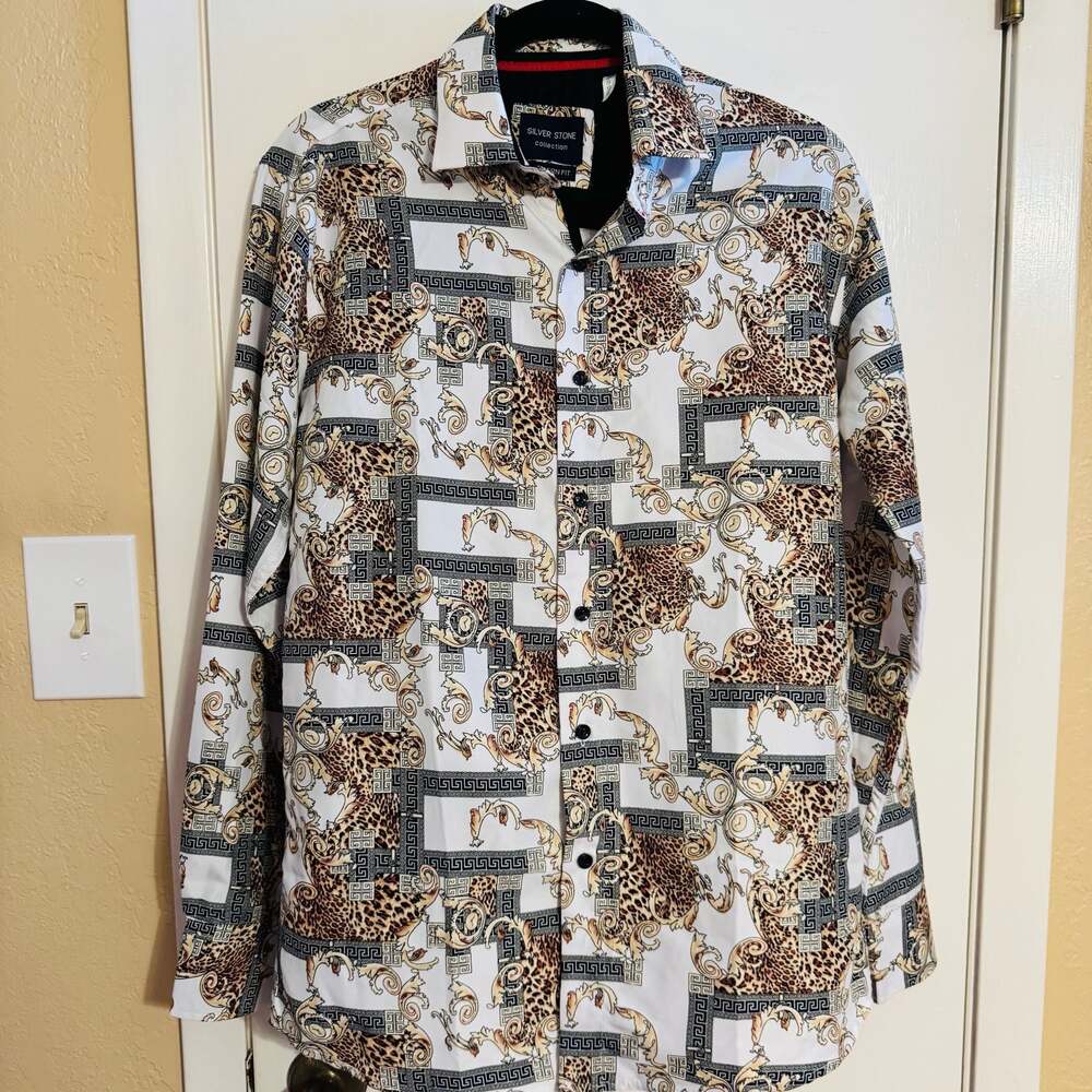 Silver Stone Collection Men’s Medium Baroque Leopard Greek Key Button-Up Shirt